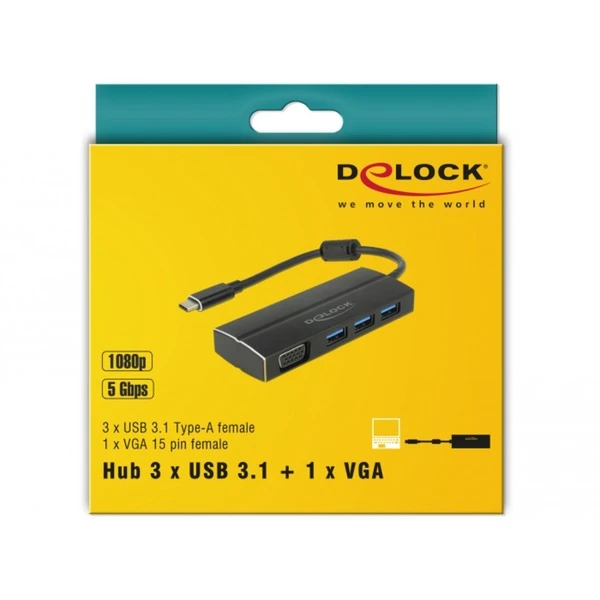 DeLOCK USB 3.2 Gen 1 Multiport-Hub, USB-C Stecker > 3x USB-A + VGA Buchse, USB-Hub – Bild 2